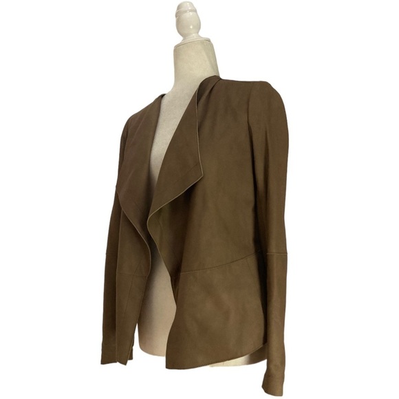 Vince Leather Jacket Draped Collar Open Front in Cocoa Brown - Picture 6 of 11